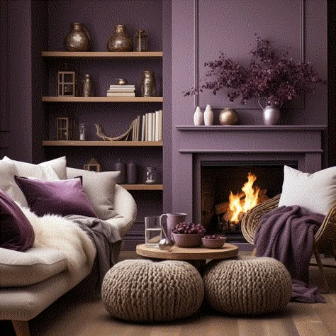 Dark Green And Purple Living Room, Purple Lounge Ideas Living Rooms, Plum Walls Living Room, Living Room Designs Purple, Purple Interior Design Living Room, Green Purple Living Room, Colour Drenched Living Room, Small Living Room Paint Color Ideas, Purple House Interior Ideas