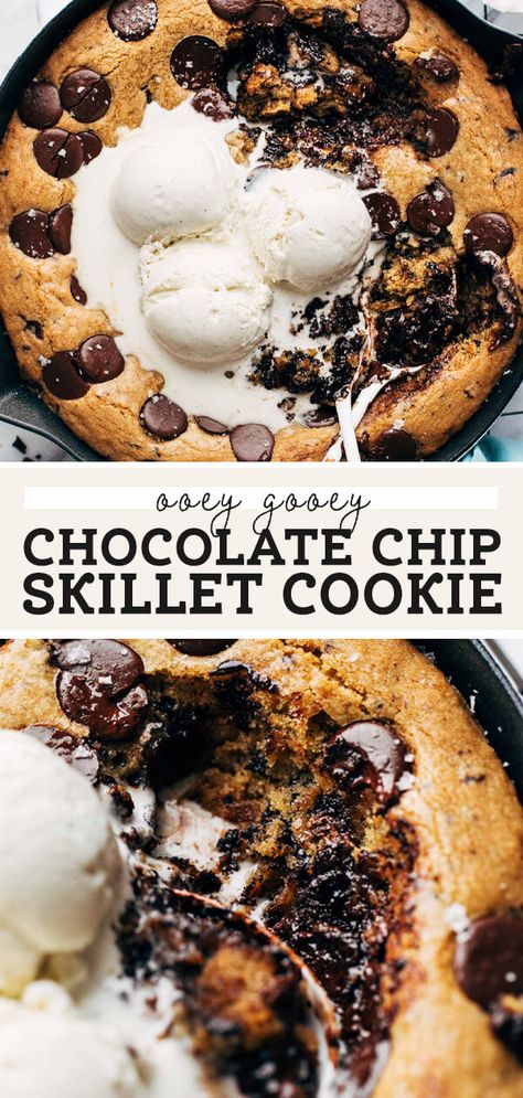 This is the GOOIEST chocolate chip skillet cookie. The texture is tender and flooded with melty dark chocolate. It's also so easy to make and is perfect for sharing. Just grab a spoon and dig in. #skilletcookie #chocolatechipcookie #pizookie #butternutbakery | butternutbakeryblog.com Sharing Dessert, Chocolate Chip Pan Cookies, Skillet Cookie Recipe, Chocolate Chip Skillet Cookie, Dessert For Summer, Simple Chocolate Chip Cookie Recipe, Skillet Chocolate Chip Cookie, Homemade Chocolate Chips, Skillet Cookie