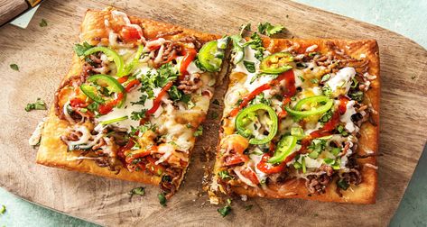 Beef Taco Pizzas Recipe | HelloFresh Taco Pizza Recipes, Jalapeño Peppers, Taco Toppings, Beef Taco, Hello Fresh Recipes, Taco Pizza, Weekly Meals, Kinds Of Cheese, Fresh Recipes