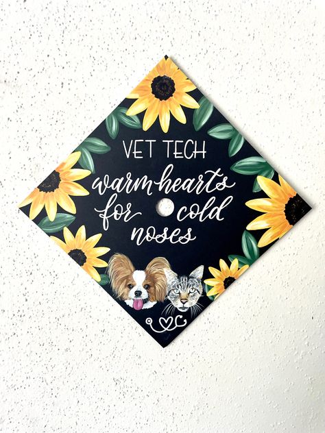 Vet Tech Cap Ideas, Graduation Cap Designs Vet Tech, Vet Tech Graduation Cap Ideas, Vet Graduation Cap, Vet Tech Graduation Cap, Tech Graduation Cap, Vet Tech Graduation, Grad Cap Design, Caps Ideas