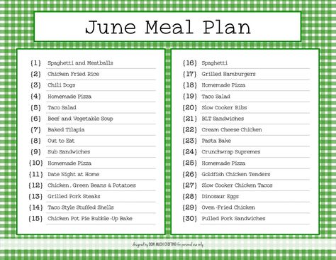 June Meal Plan, Grilled Pork Steaks, Monthly Meal Plan, Slow Cooker Chicken Tacos, Hamburgers Grilled, Meal Planning Menus, Baked Tilapia, Slow Cooker Ribs, Chicken Pasta Bake