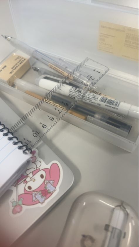 MUJI Pin aesthetic Sanrio stickers and AirPods tehe Clear Pencil Case Aesthetic Muji, Muji Pencil Case Aesthetic, Muji Pencil, Muji Pencil Case, Kawaii Pencil Case, Clear Pencil Case, Romanticize School, 2024 Manifestation, School Suplies