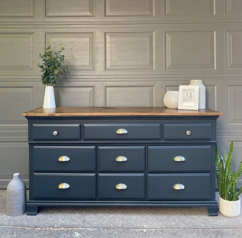 Item SOLD Elegant Nine Drawer Dresser - Etsy Blue Dresser Boys Room, Dresser Drawer Painting Ideas, Mens Dresser Referbish, Hale Navy Dresser, Wood Top Painted Dresser, Redo Chest Of Drawers, Blue Gray Dresser, Dark Blue Dressers Painted, Refurbish Dresser Ideas