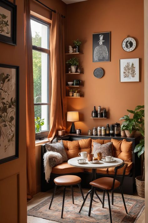 10 Ideas and Inspiration for Eclectic Style Coffee Nooks - afullmug.com Mid Century Coffee Shop, Modern Folk Interior Design, Small Lounge Area, Boho Sitting Room, Magic Lessons, Eclectic Seating, Kitchen Living Room Combo, Coffee Nooks, Orange Dining Room