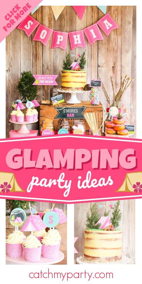 Check out this cute pink glamping birthday party! Love the cupcakes! See more party ideas and share yours at CatchMyParty.com Camp Birthday Party, Glamping Birthday Party, Camp Birthday, Camping Theme Birthday Party, Camping Theme Birthday, Glam Camping, Glamping Birthday, Glamping Party, Sleepover Birthday Parties