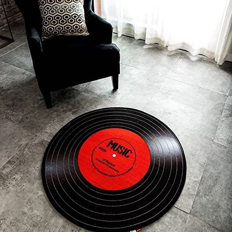 Record Rug, Bobs Furniture Living Room, Music Themed Bedroom, Vinyl Rug, Round Area Rug, Room Paint Colors, Black Carpet, Retro Theme, Round Area Rugs