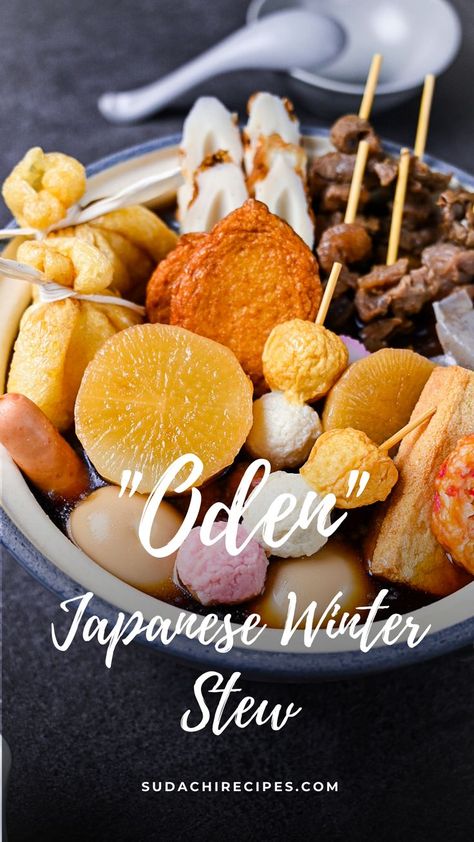 Japanese oden with a variety of fishcakes, meatballs, tofu, vegetables and meats in a dashi broth Japanese Oden, Tofu Eggs, Winter Stew, Japanese Winter, Winter Stews, Dashi Broth, Japanese Dinner, Meat And Vegetables, Winter Dishes