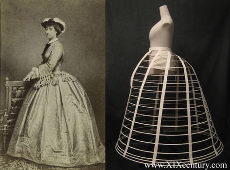 Crinoline (hoop skirt)- used as undergarment under a woman's dress to give it fullness and volume. With the introduction of such garment, the corset began to shorten and become tighter. Reason being, there was no need to hide the hips and as the crinoline slowly began to decrease in size, a smaller waist was favored. Cage Crinoline, Crinoline Dress, Hoop Dress, Crinoline Skirt, Fashion Timeline, Period Dress, Dress History, Hoop Skirt, Evolution Of Fashion