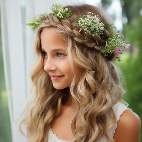 Flower Crown Braid Hairstyle, Flower Crown Hairstyle Kids, Girls Flower Girl Hair, Flower Girl Hair With Flower Crown, Flower Girl Hairstyles With Flower Crown, Princess Updo, Dutch Braid Headband, Graduation Hairstyle