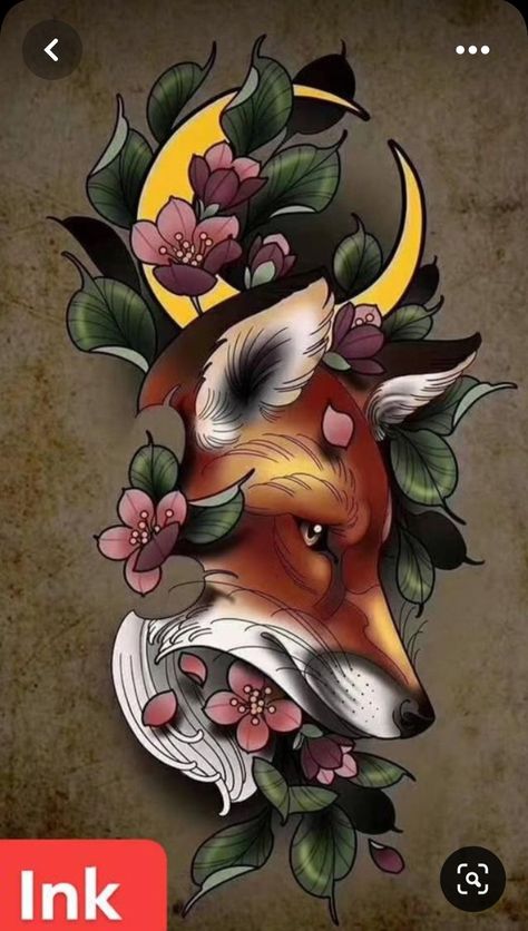 Cute Neo Traditional Tattoo, Neo Traditional Fox Tattoo Design, Neotrad Fox Tattoo, Neo Trad Animal Tattoo, Neotraditional Fox Tattoo, Neo Tattoo Traditional, Neotraditional Animal Tattoo, Neo Traditional Fox Tattoo, Neo Trad Flowers