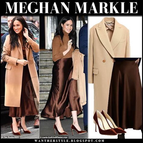 Meghan Markle in camel coat, brown satin skirt and brown pumps Brown Satin Midi Skirt, Brown Satin Skirt, Brown Skirt Outfit, Estilo Meghan Markle, Meghan Markle Outfits, Camel Coat Outfit, Satin Skirt Outfit, Prins Harry, Brown Pumps