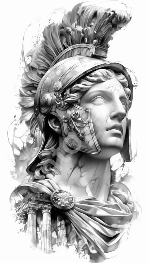 Athena Back Tattoo, Ancient Greece Tattoo Ideas, Ares Tattoo Design, Sculpture Tattoo Design, Alexander The Great Tattoo, Athena Tattoo Design, Greek Art Tattoo, Greek Tattoos Mythology, Greek Statue Tattoo