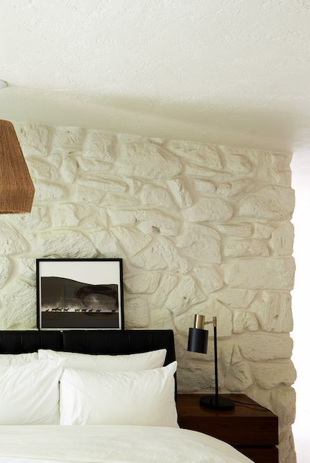 bedroom with painted stone walls Cladding Stone Wall, Stone Wall Decoration, Wall Cladding Stone, Stone Wall Tiles, Cladding Stone, White Window Treatments, Black Feature Wall, Best Bedroom Designs, Wall Design Ideas