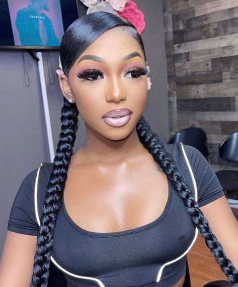 Two Braids Hairstyle Black Women, Braids Swoop, Black Ponytail, Two Braid Hairstyles, Sleek Ponytail Hairstyles, Easy Hairstyles For Thick Hair, Black Ponytail Hairstyles, Quick Weave Hairstyles, Cute Braided Hairstyles