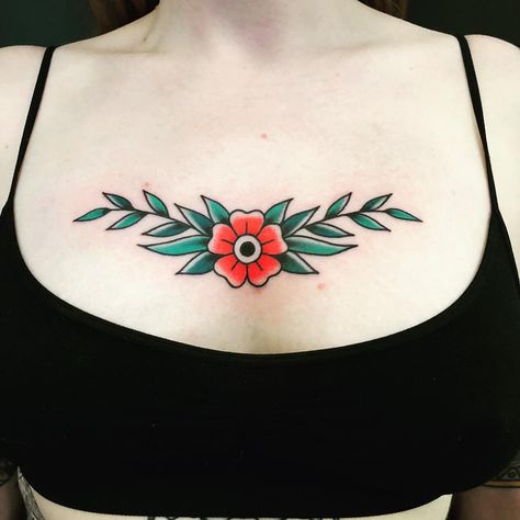 I made this classy simple chest piece for Catriona from Canada last night @idlehandsf #idlehandsf #rosskjones #sternumtattoo Nirvana Logo Tattoo, Chest Tattoo Flowers, Traditional Tattoo Prints, Traditional Chest Tattoo, Traditional Tattoo Woman, Traditional Tattoo Inspiration, Traditional Tattoo Flowers, Traditional Tattoo Designs, Vine Tattoos