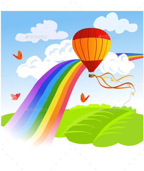 Vector fantastic illustration with balloon and fabulous landscape. Editable vector illustration The file does not include the rast Rainbow Landscape, Balloon Vector, About Rainbow, Vector Nature, Cartoon Background, Vector Pattern, Hot Air Balloon, Logo Icons, Air Balloon