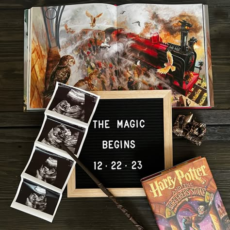 Harry Potter Birth Announcement, Harry Potter Baby Announcement Ideas, Hogwarts Nursery Ideas, Harry Potter Baby Room Themed Nursery, Harry Potter Theme Nursery, Bookish Pregnancy Announcement, Bookish Baby Announcement, Harry Potter Maternity Photoshoot, Gender Reveal Ideas Harry Potter Theme