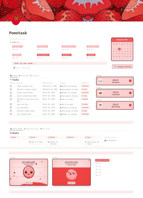 Notion Widget, Notion Board, Goal Of The Week, Pomodoro Timer, Task Tracker, Notion Template, Google Calendar, Romance Books, Ipad