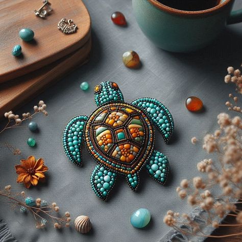 Turtle Embroidery, Embroidery Beads, Bead Embroidery Jewelry, Beaded Crafts, Bead Stitching, Embroidery Jewelry, Beading Projects, Beaded Ornaments, Beaded Brooch