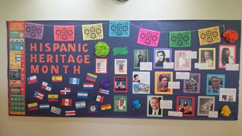 September October Hispanic Heritage Month Bulletin Board at Harvard Diggins Library by Leticia Goluba Latinx Heritage Month Bulletin Board, Hispanic History Month Bulletin Board, Hispanic Heritage Month School Ideas, Latino Heritage Month Bulletin Board, Hispanic Heritage Month Classroom Door, Hispanic Heritage Month Library Display, Spanish Heritage Month Bulletin Board, Mexican Heritage Month, Multicultural Bulletin Board