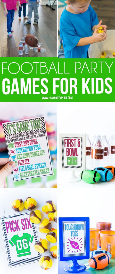 DIY football party games for kids with free printable instruction cards! Definitely six of the best things to do at a football party whether it be Super Bowl or a kids football birthday party! Football Themed Birthday Party Games, Football Games For Kids, Kids Football Parties, Diy Football Party, Football Party Games, Football Theme Birthday, Diy Kids Party, Party Games For Kids, Birthday Party Games For Kids