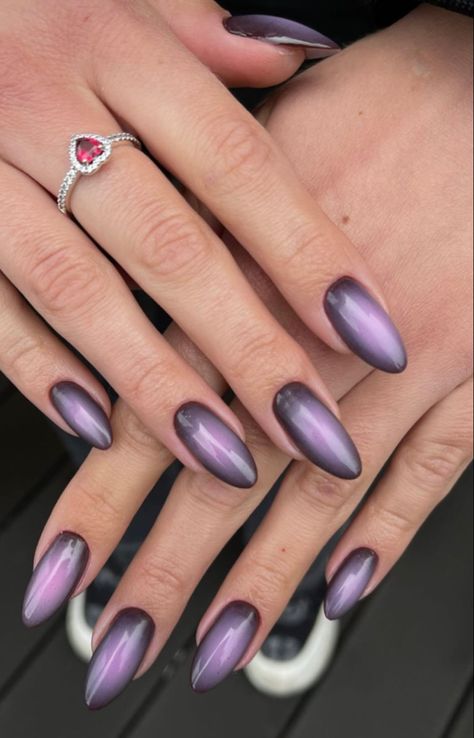 Glue On Nails Short, Nails Short Oval, Blush Nail, Wife Nails, Purple Aurora, Nails Medium Almond, Dark Purple Nails, Violet Nails, Nails Collection