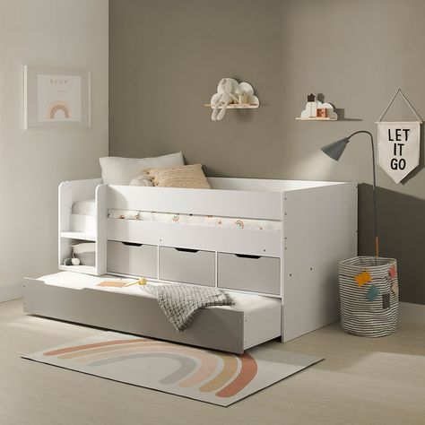 The Best Cabin Beds for Small Rooms - Emily May Kids Bed With Trundle, Kids Trundle Bed, Bunk Beds Cabin, Cabin Bed With Storage, Bedding Cushions, Storing Bedding, Cabin Beds For Kids, Dino Room, Beds Single