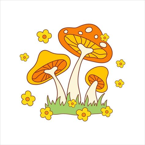 Retro psychedelic hippie mushrooms with groovy flowers isolated on a white background. Vector illustration in style 70s, 80s Clay Brooch, Groovy Flowers, Mushroom Drawing, Desk Decorations, Creative Graphics, Cute Canvas Paintings, Hippie Flowers, Cute Canvas, Mushroom Art