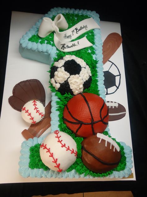 Sports 1st Birthday Cake Sports Cake Ideas, Sports 1st Birthday, Fifth Birthday Cake, Number 1 Cake, Carved Cakes, Sports Cake, Sports Themed Cakes, Sport Cakes, 1 Cake