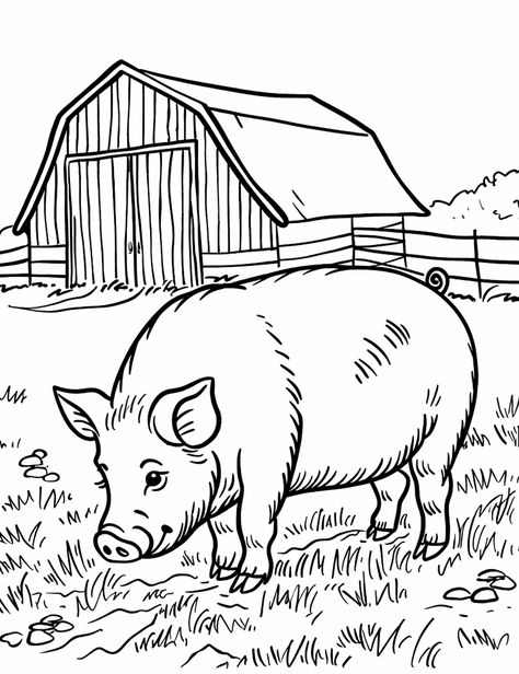 Pig Sniffing Around a Barn: A pig with its nose to the ground, sniffing around the outside of a barn. (Free Printable Coloring Page for Kids) Farm Animal Coloring Pages Free, Animal Coloring Pages Free Printable, Pigs Illustration, Pig Printable, Starfish Colors, Ballerina Coloring Pages, Farm Coloring Pages, Pig Drawing, Happy Pig