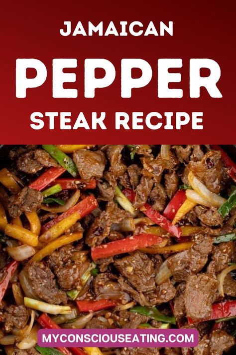 Jamaican Pepper Steak Recipe Jamaican Pepper Steak Recipe, Beef Pepper Steak, Mac And Cheese Recipe Soul Food, Strip Steak Recipe, Pepper Steak Recipe, Jamaica Food, Jamaican Cuisine, Jamaican Dishes, Beef Strips