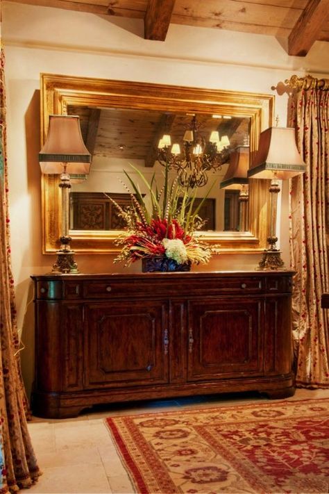 large mirror over the buffet - makes me think mine is too small Large Mirror Dining Room, Mediterranean Dining Room Ideas, Dining Room Buffet Table Decor, Dining Room Console Table, Dining Room Buffet Table, Mediterranean Dining Room, Buffet Table Decor, Dining Room Console, Dining Room Updates