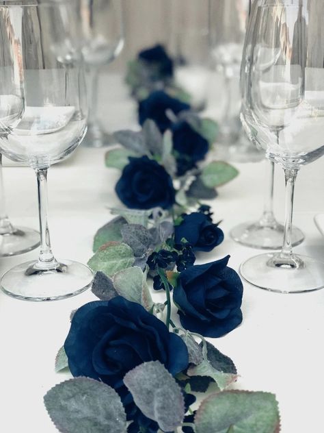 Navy Blue Flower Garland With Silver Sage Leaves Rose Wedding Garland Wedding Arch Garland Decor Artificial Flowers & Greenery Garland - Etsy Dark Blue Decorations Party, Lilly Arrangements, Navy Blue Wedding Centerpieces, Midnight Blue Wedding Theme, Wedding Centerpieces Blue, Dark Blue Wedding Theme, Crow Wedding, Navy Blue And Silver Wedding, Wedding Arch Garland