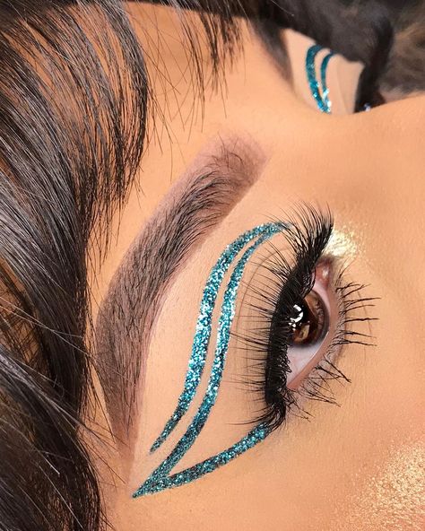 Blue Glitter Eye Makeup, Glitter Liner, House Of Lashes, Cut Crease Makeup, Graphic Eyeliner, Glitter Eye Makeup, Makeup Challenges, Glitter Eyeliner, Dramatic Makeup