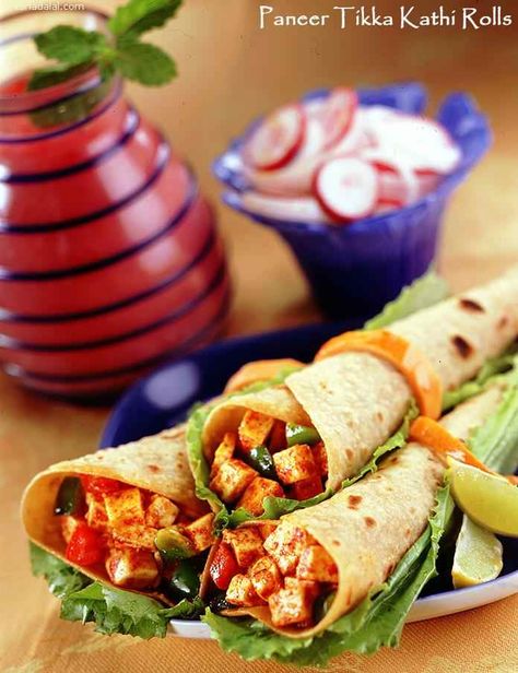 Paneer Tikka Kathi Rolls recipe, Paneer Tikka Low Fat Recipes Paneer Kathi Roll, Frankie Recipe, Iftar Recipes, Paneer Tikka, Asian Snacks, Paneer Recipes, Chaat Masala, Chicken Wraps, Low Fat Recipes