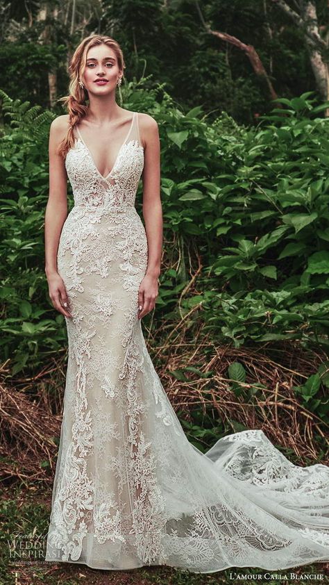 Trumpet Floral Wedding Dress, Collum Wedding Dress, Champagne Wedding Dress Mermaid, Callablanche Wedding Dress, Nude And Lace Wedding Dress, Fitted Romantic Wedding Dress, Romantic Fit And Flare Wedding Dress, Body Con Wedding Dress Lace, Champagne Lace Wedding Dress