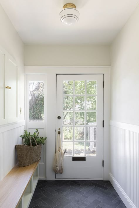 Small Entryway Tile, Craftsman Entryway, 1920s Craftsman, Oak Handrail, Beadboard Paneling, Entryway Tile, Add A Bathroom, Slanted Walls, Hallway Light Fixtures