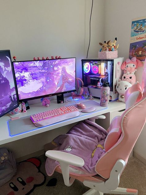 my cozy corner ♡ pink gaming pc setup aesthetic sanrio yae miko genshin Pink Gaming Pc, Pink Pc Setup, Pc Setup Aesthetic, White Desk Setup, Gaming Pc Setup, Pink Pc, Miko Genshin, Aesthetic Sanrio, Pc Games Setup