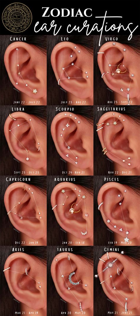 Pisces Constellation Ear Piercings, Ear Piercing Zodiac Signs, Gemini Piercing Ear, Taurus Constellation Ear Piercing, Aquarius Ear Piercings, Leo Piercings Ear, Libra Piercing Ear, Capricorn Ear Piercing, Leo Constellation Ear Piercing