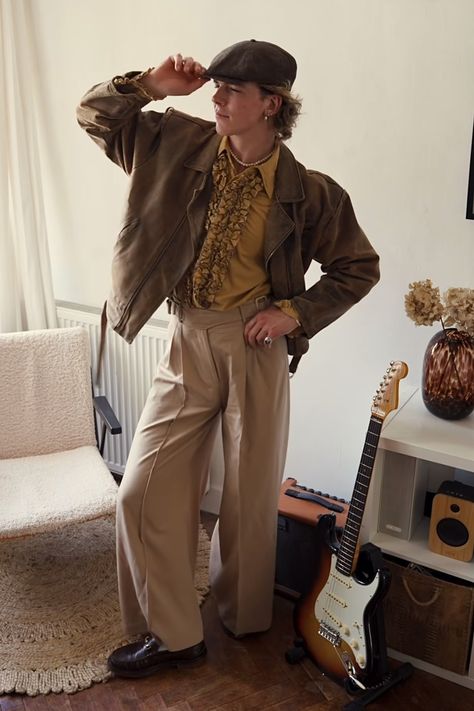 20s Guys Outfit, 1900s Outfits Men, 70s French Fashion Men, 70s High School Fashion, Irish Fashion Mens, Christmas Outfit Aesthetic Men, Whimsical Masculine Outfit, Spring 70s Outfit, 70's Fashion Men