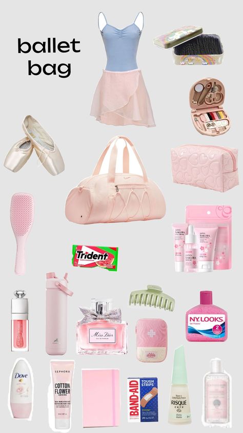 Things You Need For Ballet, Ballerina Bag Essentials, Ballet Bag Essentials List, Figure Skating Bag Essentials, Ballet Bag Essentials, Ballet Wishlist, Sports Bag Essentials, Ballet Fits, Cheer Fails