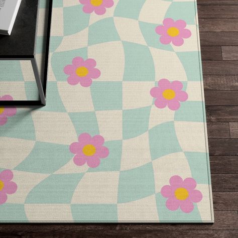 Big Cute Rug, Aesthetic Rugs Bedroom Indie, Flower Rug Aesthetic, Rug Checkerboard, Indie Rooms, Clean Room Aesthetic, Room Decor Y2k, Danish Pastel Room Decor, Y2k Decor