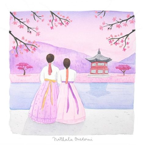 Seni Korea, Korean Illustration, Dove Pictures, Perspective Drawing Architecture, Korean Painting, Best Friends Cartoon, Pop Art Drawing, Pink Wallpaper Backgrounds, Small Canvas Paintings