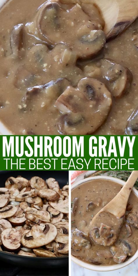 mushrooms in a skillet and mushroom gravy in a bowl with a spoon Homemade Mushroom Gravy, Mushroom Gravy Recipe Easy, Easy Mushroom Gravy, Mushroom Meals, Steak Mashed Potatoes, Easy Gravy Recipe, Turkey Rice, Mushroom Gravy Recipe, Frugal Recipes