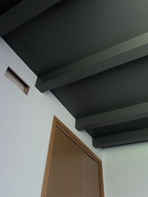 Dark Painted Ceiling, Ceiling With Beams, Painted Ceiling Beams, Faux Ceiling Beams, Painted Beams, Nursery Guest Room, Dark Ceiling, Ceiling Painting, Roof Ceiling