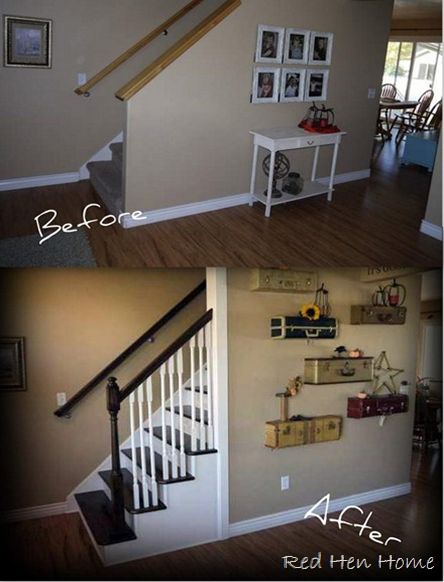 Just for a reminder….here’s the “before” and “after” of the stairway in my home. This is the first thing you see when you come in the front ... Replace Stair Wall With Railing, How To Open Up A Staircase Wall, Partial Open Staircase, Removing Half Wall On Stairs, Stairwell Opening Ideas, Partial Stair Railing, Short Stair Railing Ideas, Short Staircase Ideas, Tv On Staircase Wall