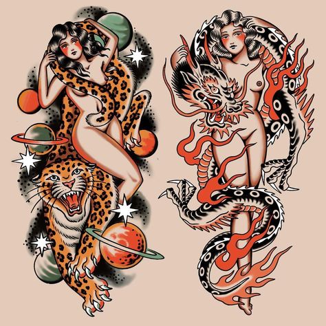 Traditional Thigh Tattoo, Traditional Back Tattoo, Traditional Tattoo Woman, Tiger Head Tattoo, Desenhos Old School, Traditional Tattoo Drawings, Backpiece Tattoo, Traditional Tattoo Flash Art, Traditional Tattoo Inspiration