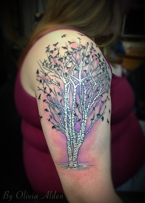 Murder of crows atop a white birch tree half sleeve woman’s tattoo with eternal ink. Tattooed by Olivia Alden Birch Tree Tattoo, Birch Tree Tattoos, Tree Tattoo Forearm, Oak Tree Tattoo, Half Sleeve Women, Tattoo Tree, Mother Nature Tattoos, White Birch Trees, Birch Tree Art