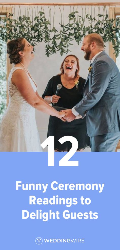 These 12 Funny Ceremony Readings Will Delight Your Guests - Add a little laughter to your nuptials with one of these funny wedding ceremony readings, from children's books, movies, poems, and more. Wedding Officiant Script Funny, Wedding Readings Unique, Wedding Readings Funny, Wedding Ceremony Script Funny, Wedding Poems Reading, Wedding Officiant Business, Wedding Sermon, Wedding Officiant Speech, Ceremony Readings