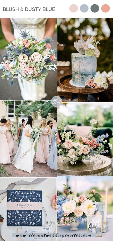 March Wedding Flowers Bouquets, Soft Summer Wedding Colors, May Wedding Colors Colour Palettes, Blush And Blue Wedding, June Wedding Colors, Whimsical Spring Wedding, June Wedding Flowers, Wedding Schemes, Elegant Wedding Colors